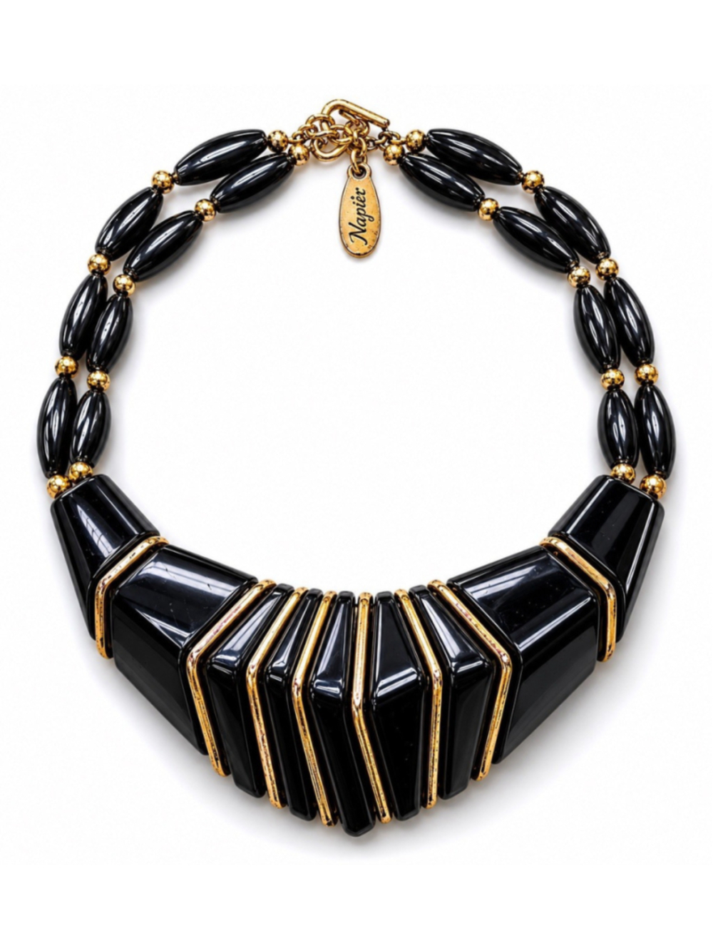Vintage 1986 Napier Jet Collection Statement Necklace Black Gold Book Piece